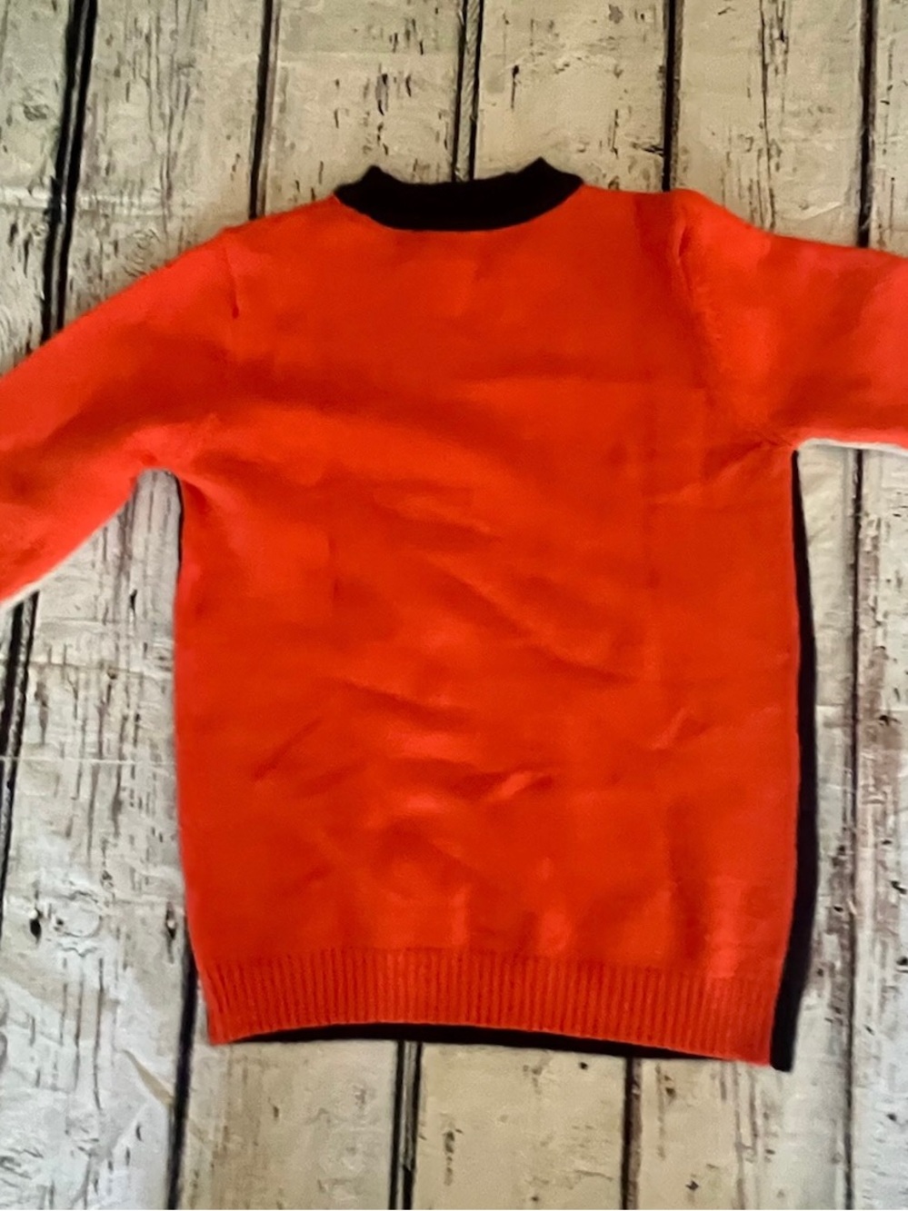 Women’s Navy Crewneck Sweater with Contrast Tan and Orange Sleeves - Picture 2 of 2